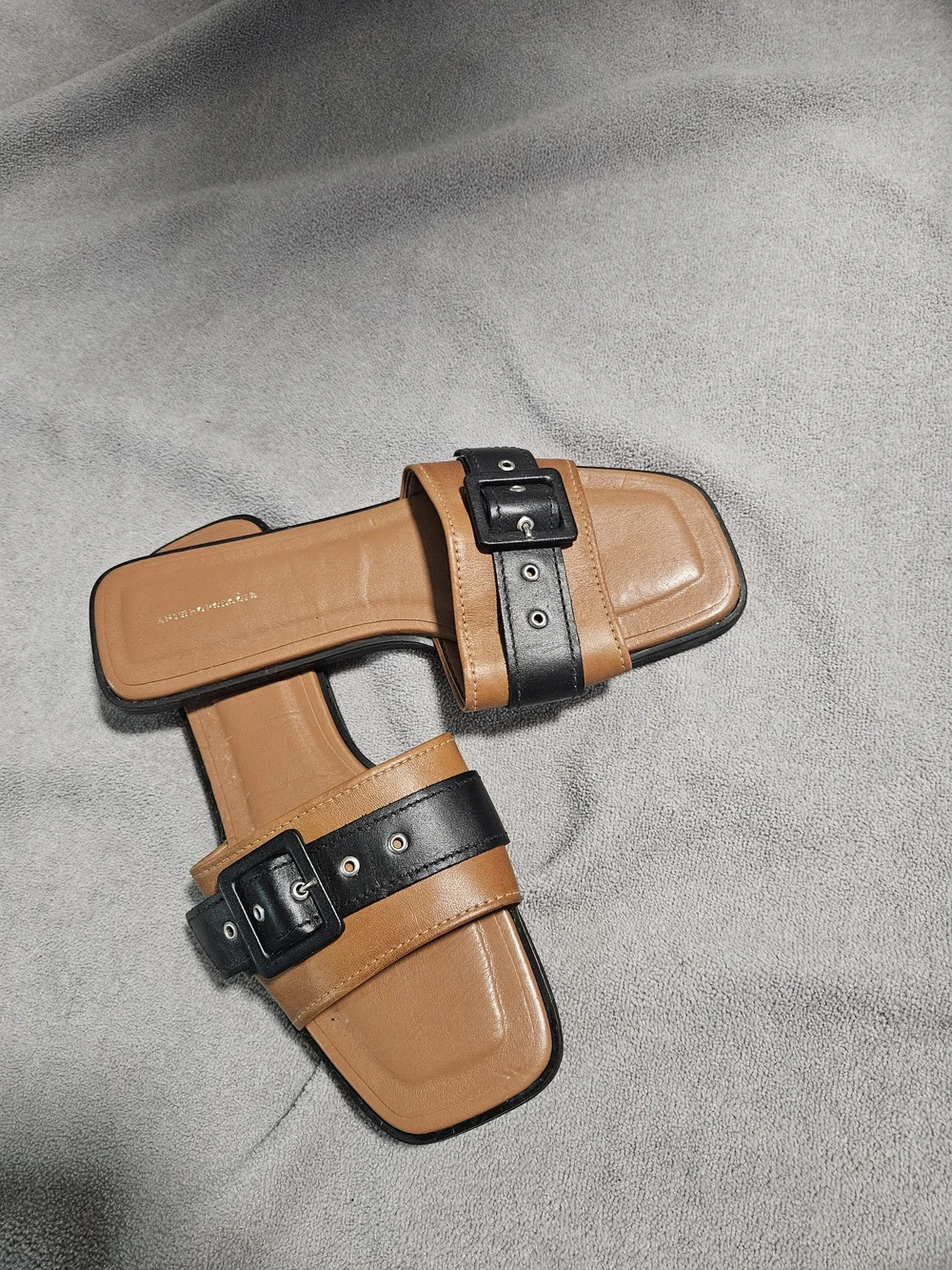 Anthropologie Tan and Black Buckle Slide Sandals